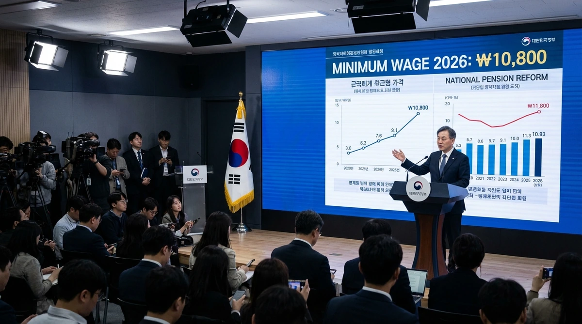 2026 바뀌는 경제 제도 1월 정부 경제정책 변화 발표 기자회견에서 기획재정부 담당자가 최저임금과 국민연금 인상 내용을 설명하고 있는 모습