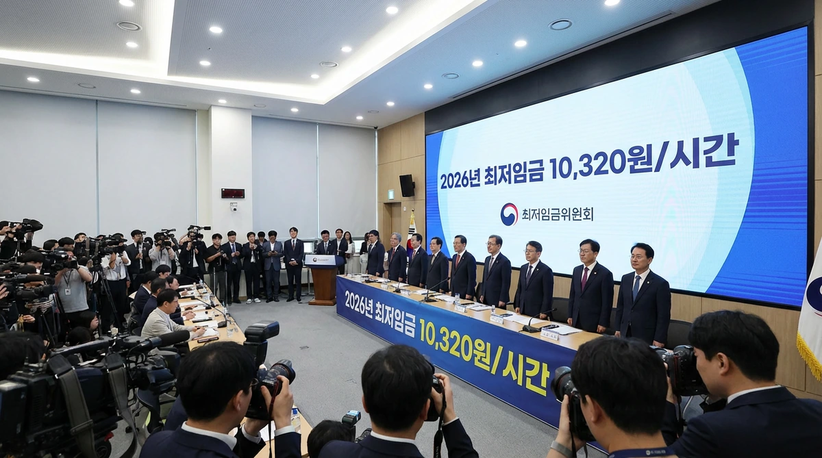 2026년 최저임금 실수령액 관련 고용노동부 최저임금위원회 기자회견장에서 시급 10,320원 발표 장면, 단상에 선 관계자들과 취재진