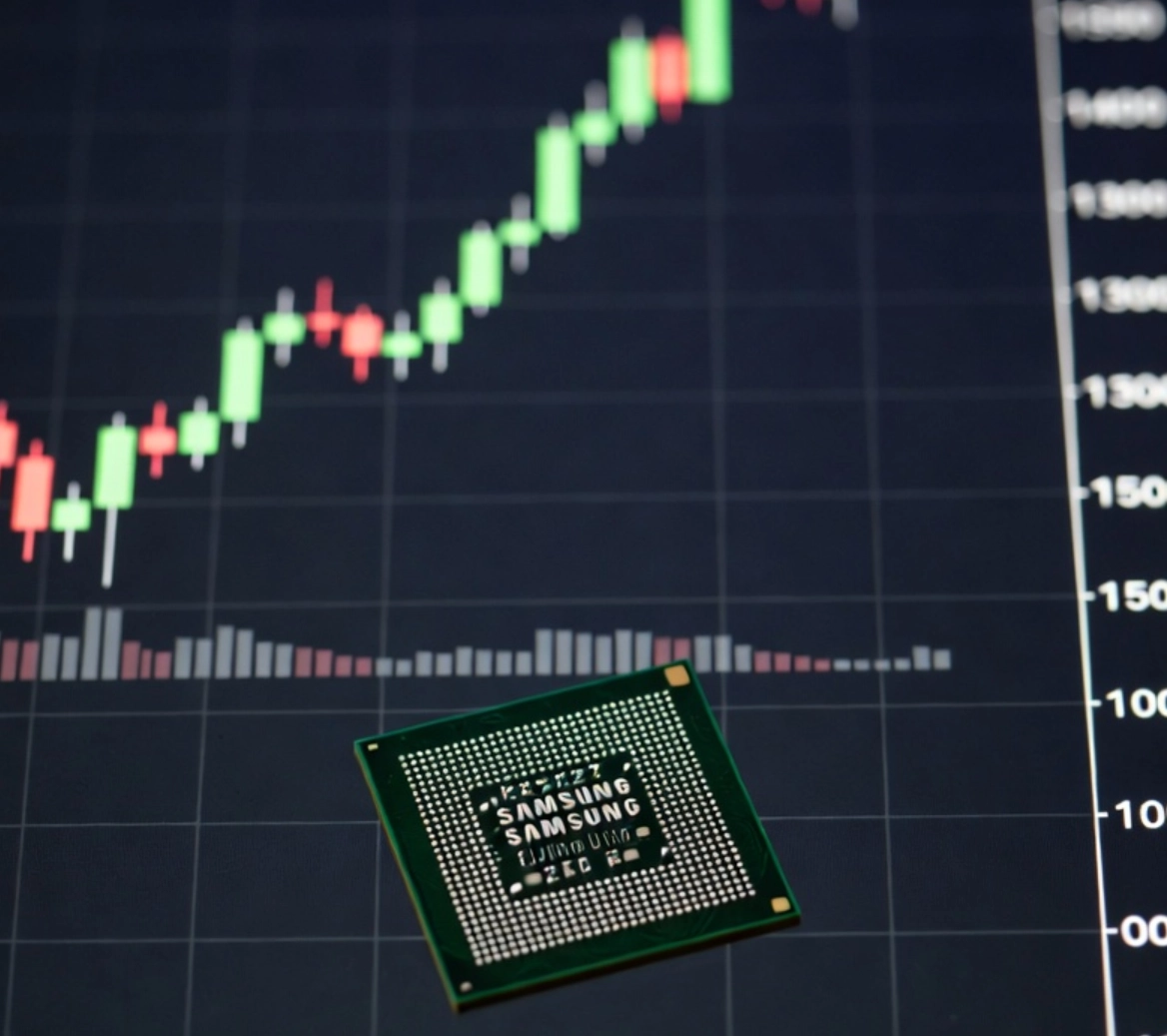 삼성전자 주가 상승과 반도체 칩을 형상화한 이미지