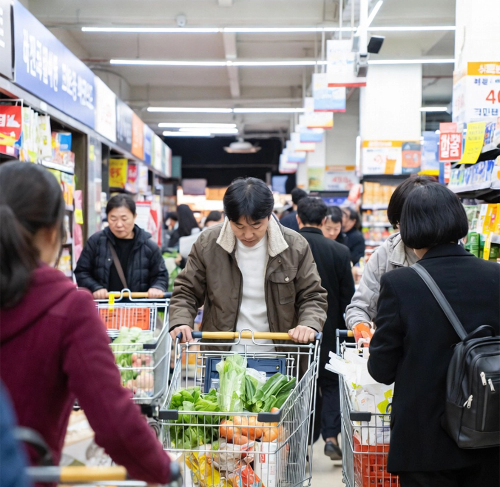 마트에서 식료품을 사는 사람들