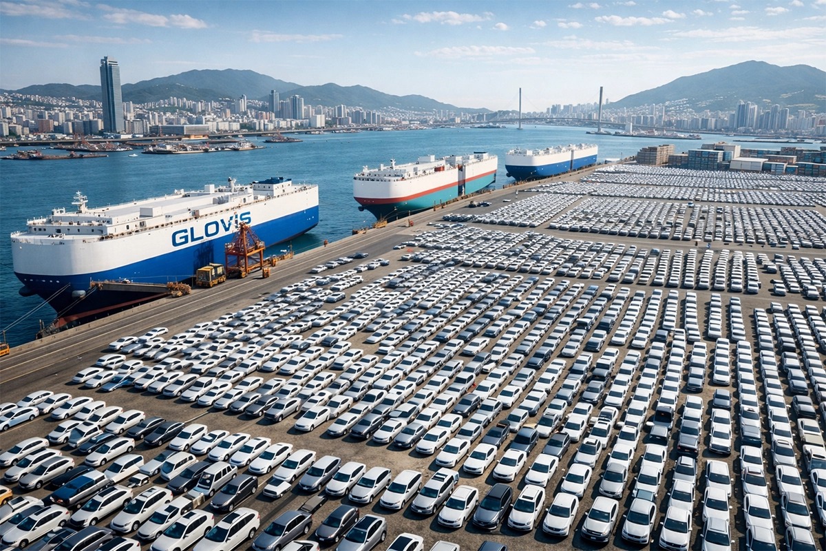 수출 위해 부산항에 정박한 차량들