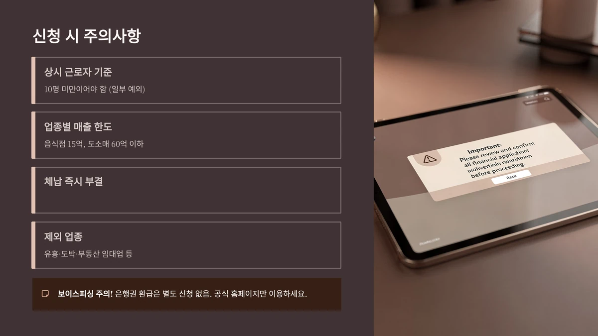 태블릿에 금융 앱 경고 메시지가 뜬 화면과 신청 시 주의사항 목록