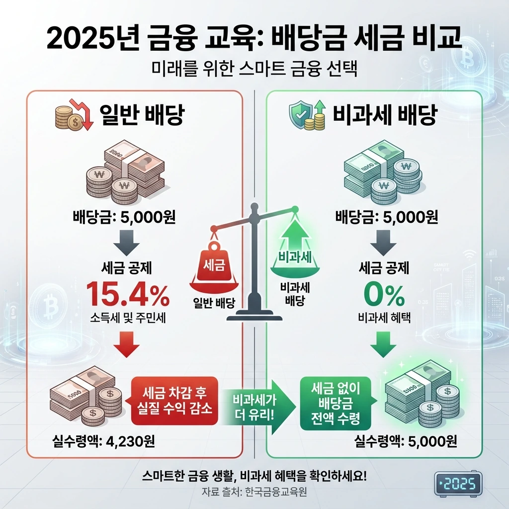 일반 배당과 비과세 배당의 세후 수익 비교 인포그래픽, 5000원 배당 시 일반은 4230원, 비과세는 5000원 수령