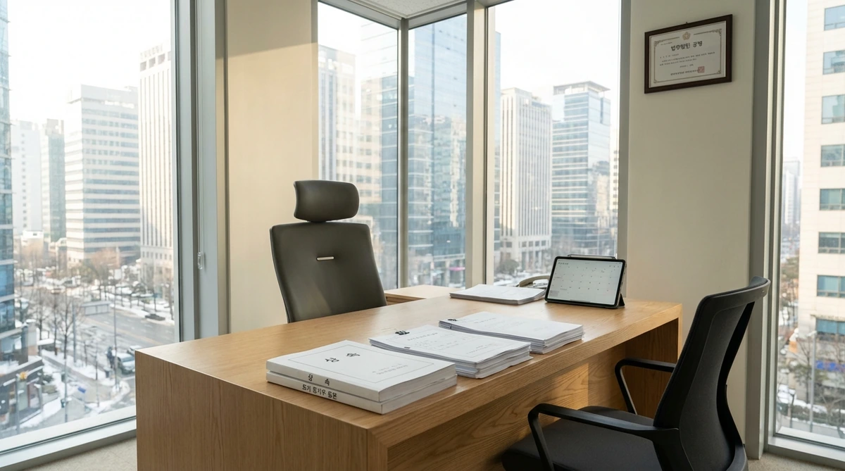 2026년 1월 현대적인 한국 법률사무소 책상 위에 놓인 상속 관련 서류와 토지 등기부등본, 빈 의자가 상담을 기다리는 모습