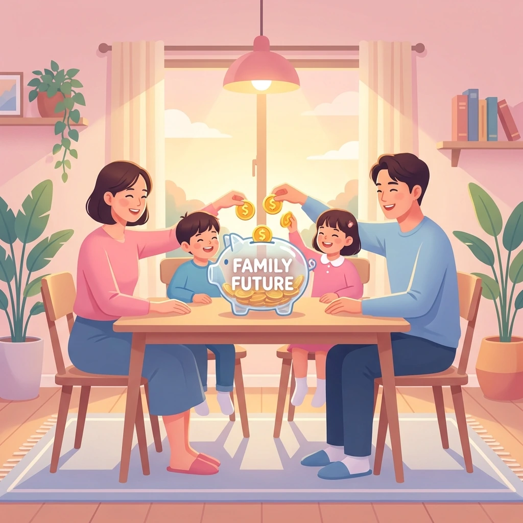 저금통에 동전을 넣으며 미래를 설계하는 가족의 행복한 모습