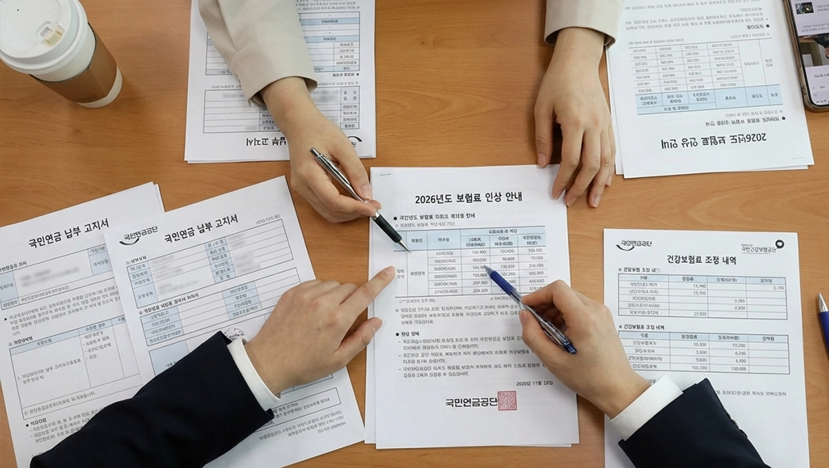 2026년 4대 보험료 고지서와 건강보험공단·국민연금공단 서류가 책상 위에 펼쳐진 모습, 보험료율 인상 안내문, 한국인 직장인의 손이 서류를 가리키고 있음
