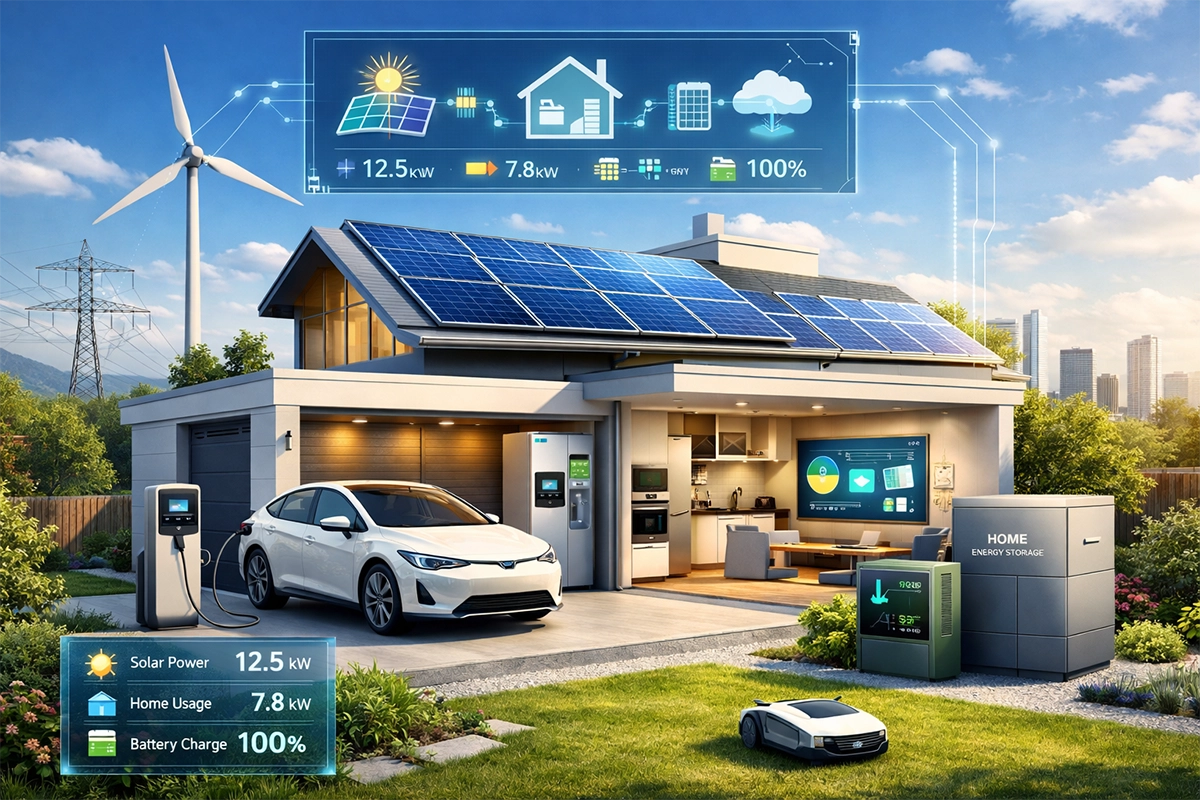 전기차, 태양광 패널, 가전이 통합된 미래 에너지 주택, 스마트 그리드 시스템을 보여주는 시각화 자료