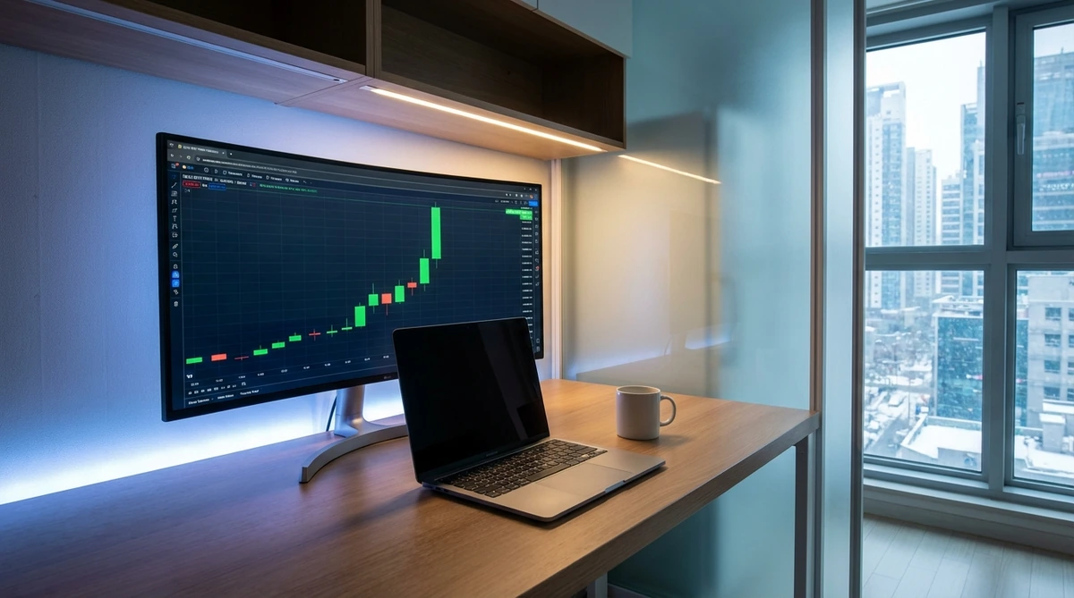 2026년 1월 온스당 국제 금값 5000달러를 돌파하며 역대 최고치를 갱신한 차트를 보여주는 모니터 화면, 책상 위 커피잔과 노트북이 놓여있는 현대적인 홈오피스 환경