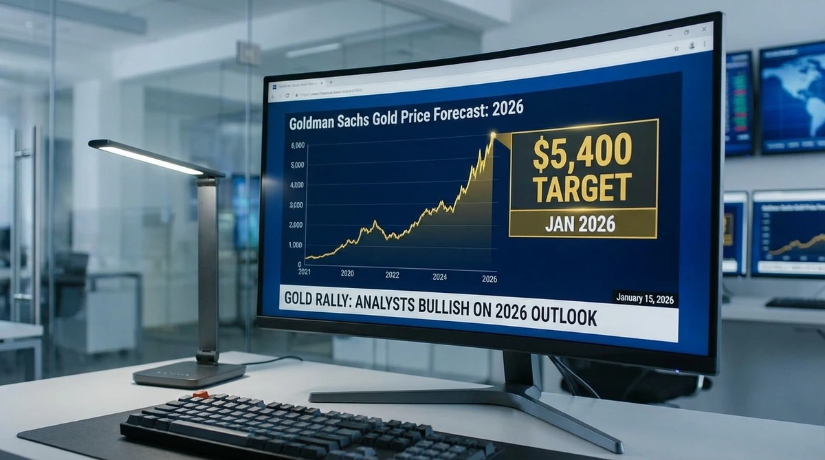 골드만삭스의 금값 전망 차트가 표시된 금융 뉴스 웹사이트 화면, 5400달러 목표가와 상승 추세선이 강조되어 있는 모니터