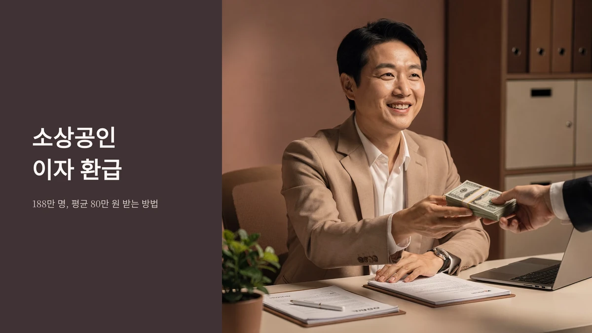 소상공인 이자 환급, 책상에서 현금을 받으며 웃는 정장 차림의 남성