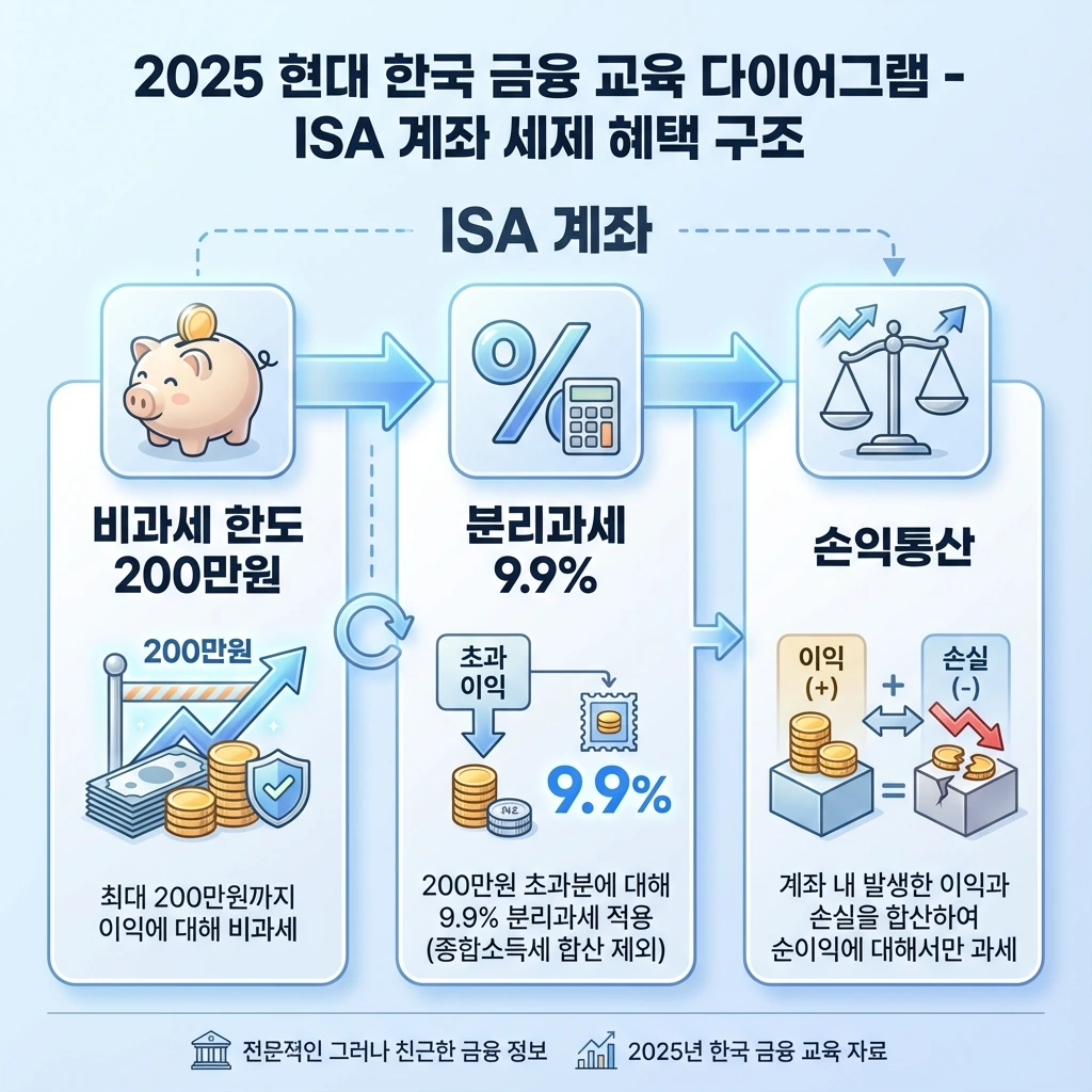ISA 계좌의 절세 구조를 설명하는 인포그래픽, 비과세 한도 200만원, 초과분 9.9% 분리과세, 손익통산 혜택 등이 도식화된 이미지