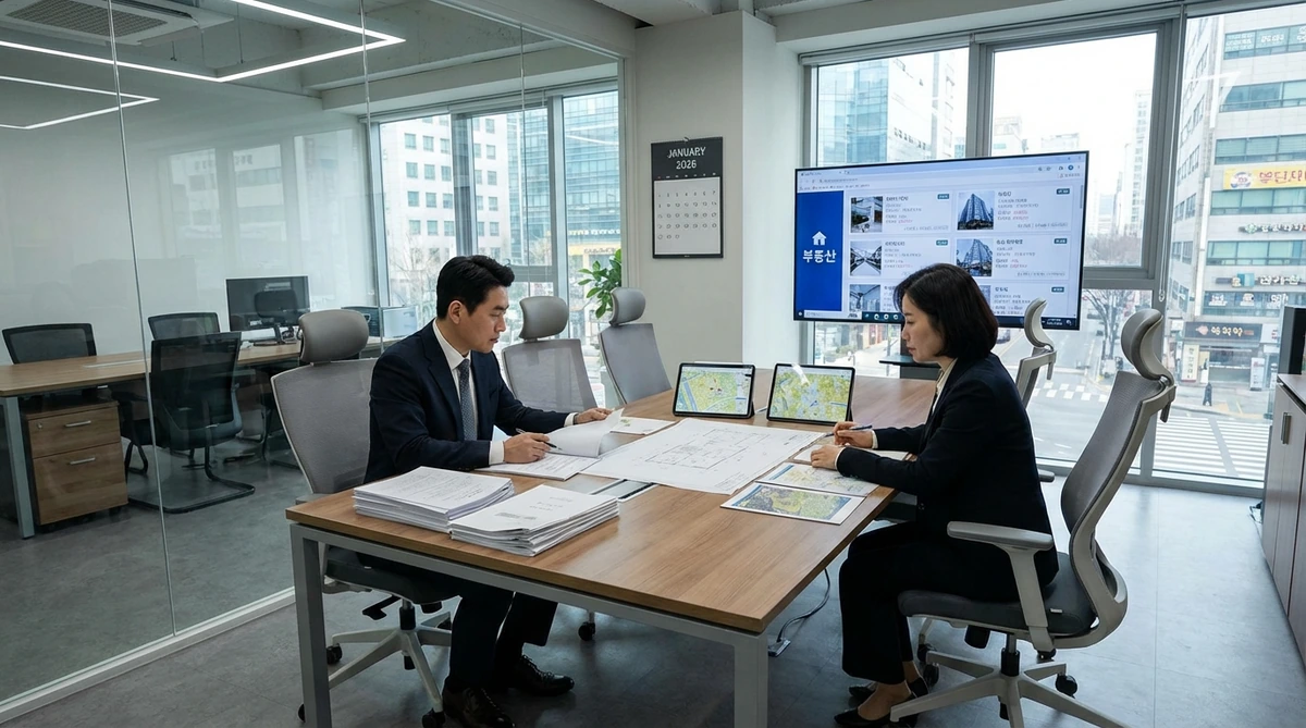 2026년 현대적인 한국 부동산 중개사무소에서 공동명의 토지 문서를 보며 대화하는 40대 한국인 남녀, 깨끗한 사무실 환경