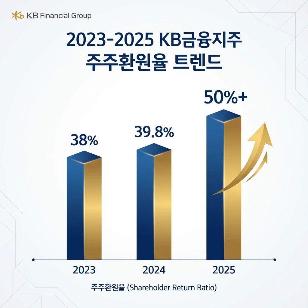 KB금융 주주환원율 추이 그래프, 2023년 38%, 2024년 39.8%, 2025년 50% 이상으로 꾸준히 상승하는 막대그래프