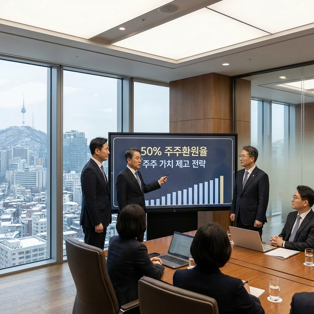 2026년 1월 KB금융 본사에서 열린 주주환원정책 발표회에서 경영진이 50% 주주환원율 달성을 설명하고 있는 모습