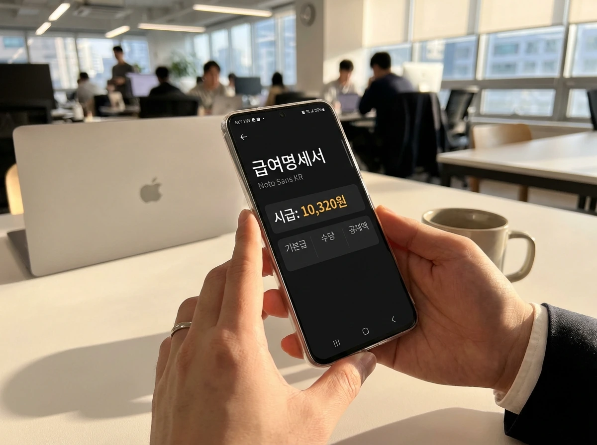 2026년 최저임금 10,320원이 적용된 급여 명세서를 확인하는 직장인의 손과 스마트폰 화면