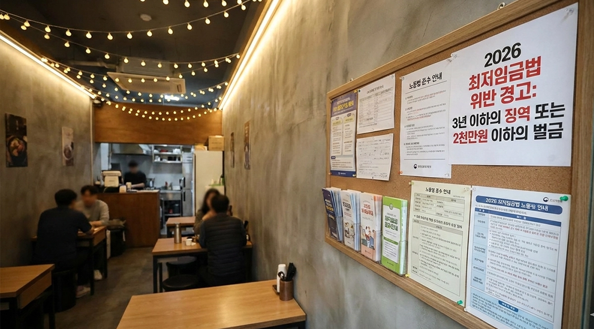 최저임금 위반 경고 포스터가 붙은 사업장 게시판, '최저임금법 위반 시 3년 이하 징역 또는 2천만 원 이하 벌금' 문구, 한국 소규모 식당 내부