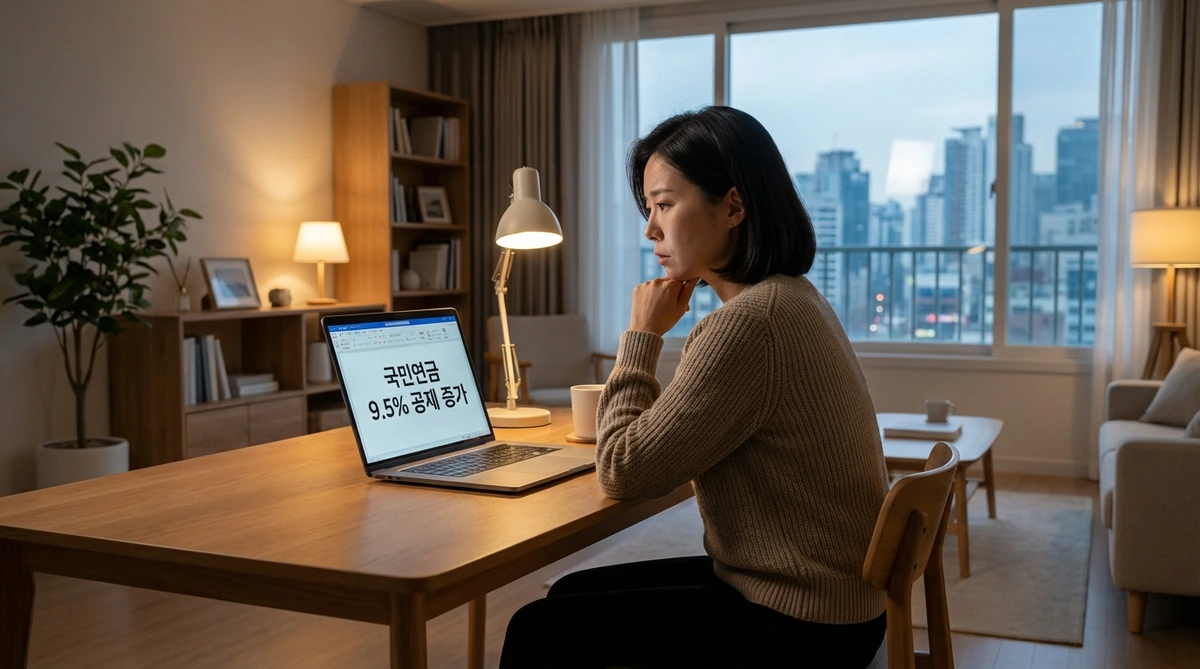 2026년 국민연금 보험료 9.5% 인상으로 월급 명세서에서 공제액이 늘어난 것을 보며 고민하는 30대 직장인