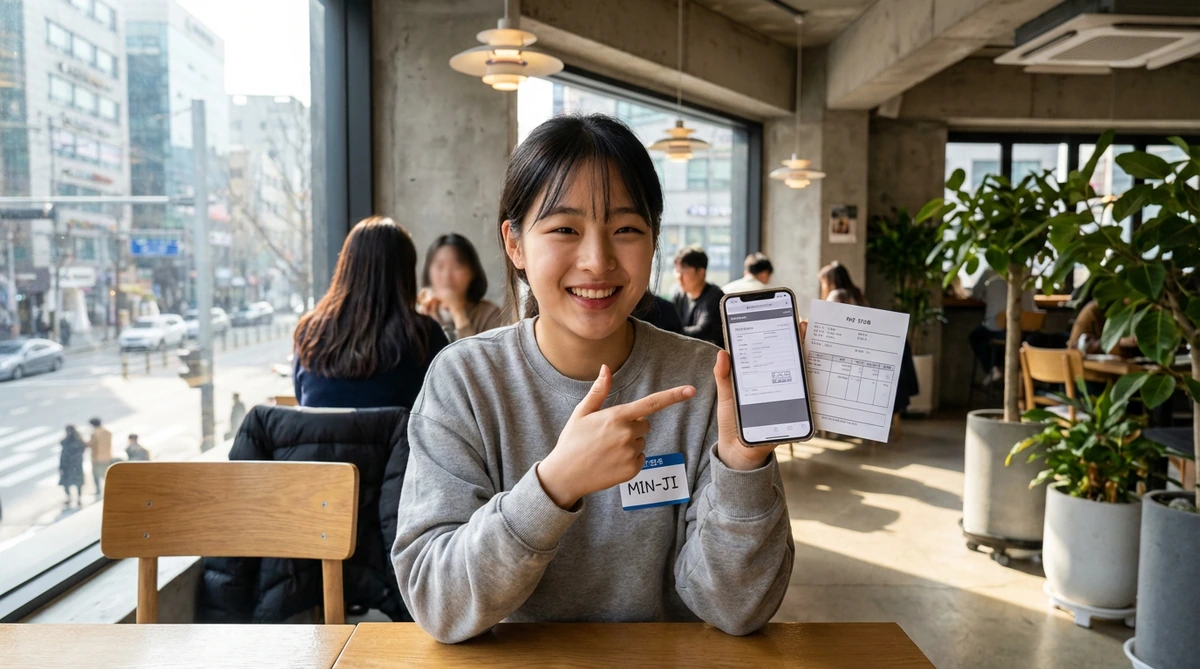 2026 최저임금 실수령액이 표시된 급여명세서를 확인하는 한국인 20대 여성 알바생, 스마트폰과 명세서를 비교하며 미소 짓는 모습, 카페 내부