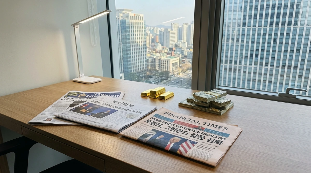 2026년 1월 트럼프 대통령의 그린란드 갈등 관련 국제 신문 헤드라인들이 펼쳐져 있는 책상 위 모습, 골드바와 달러 지폐가 함께 놓여 있는 상징적 장면