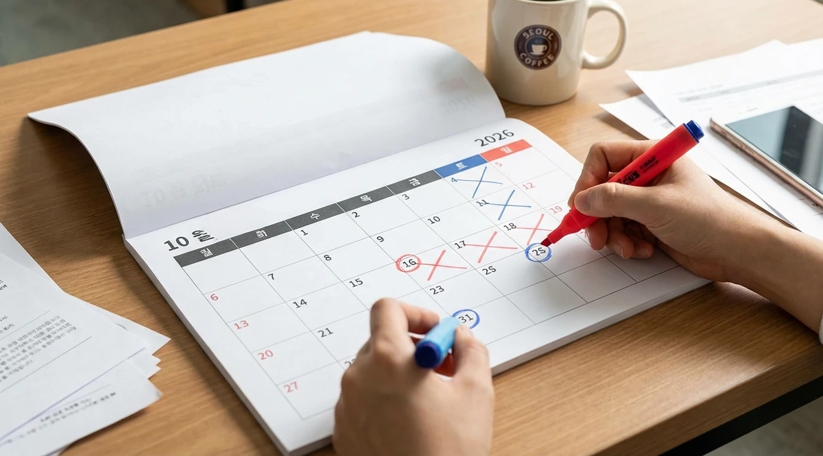 주휴수당 계산을 위해 달력에 근무일과 휴일을 표시하는 손, 빨간색과 파란색 마커로 체크된 한국 달력, 사무실 책상 위