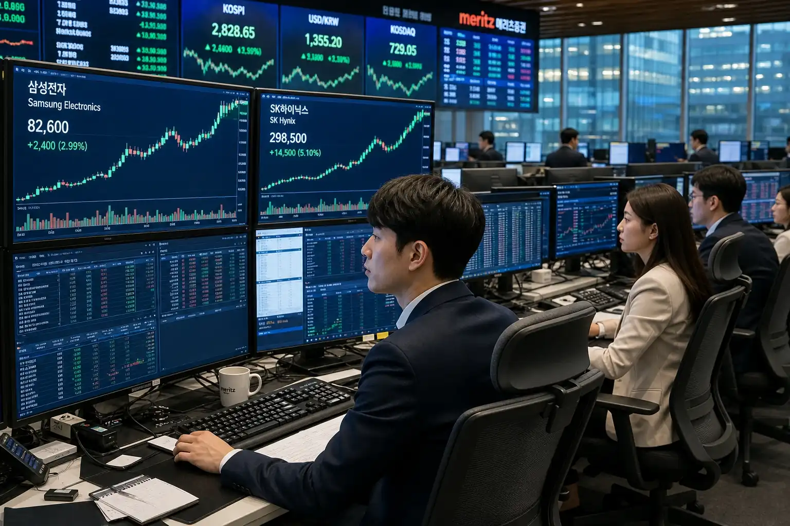 현대적인 2026년 대한민국 서울의 증권가 트레이딩 룸에서 수많은 모니터에 삼성전자와 SK하이닉스의 주가 차트 및 2배 단일종목 레버리지 상품의 실시간 폭등 거래 데이터가 가득 띄워져 있고 20대와 30대 트레이더들이 긴장감 속에 모니터를 주시하는 모습