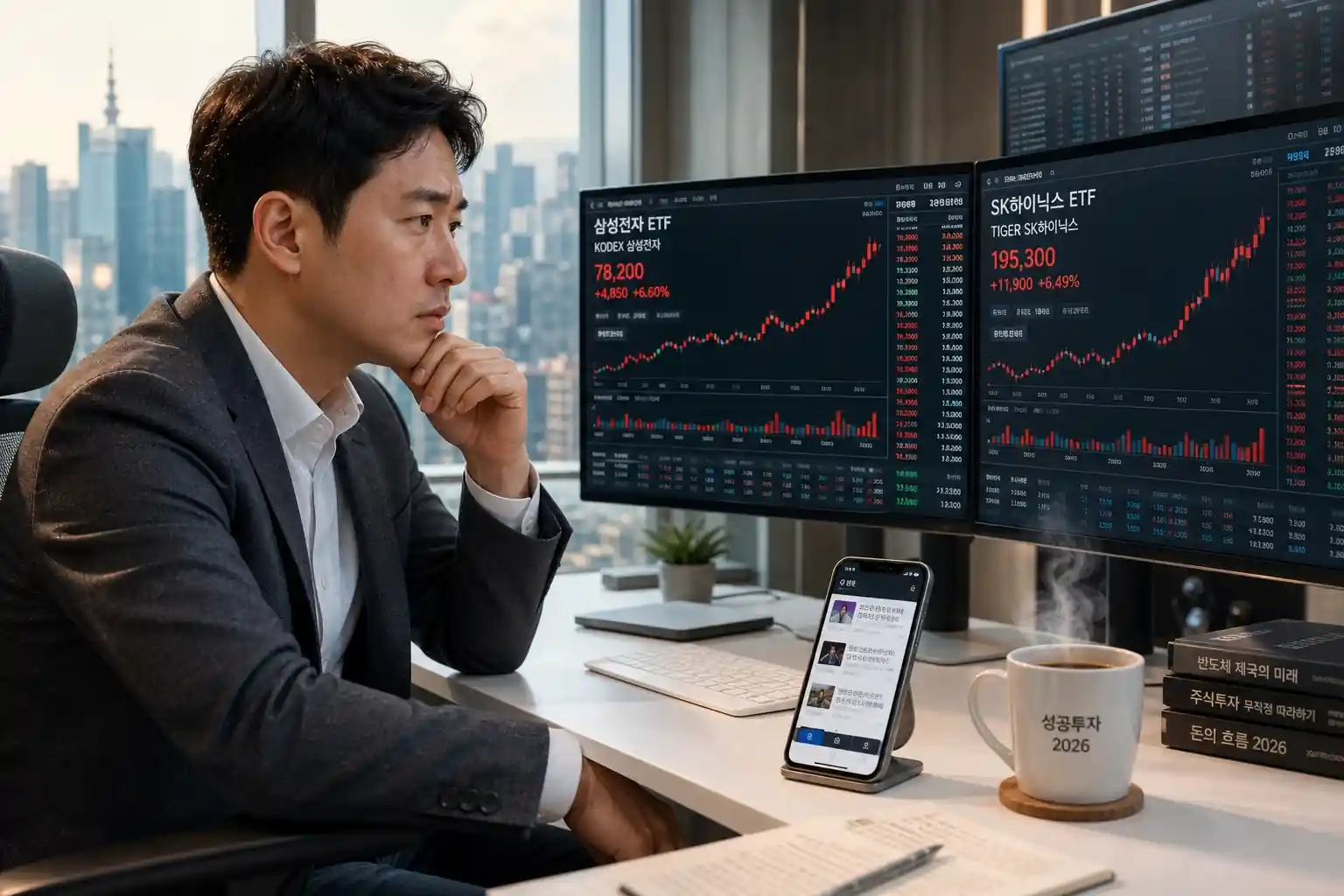 현대적인 한국 증권사 트레이딩 룸에서 한 투자자가 모니터 화면에 띄워진 삼성전자와 SK하이닉스 단일종목 레버리지 ETF 실시간 급등 차트를 긴장감 있게 바라보며 분석하는 모습