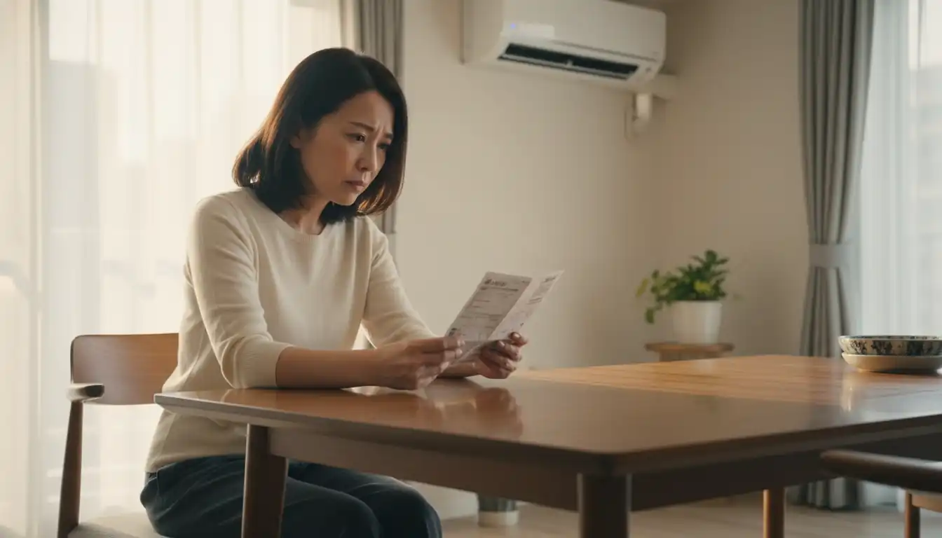 전기요금 고지서를 보며 고뇌하고 있는 도쿄의 한 평범한 가정집 주부의 모습과 실내 배경