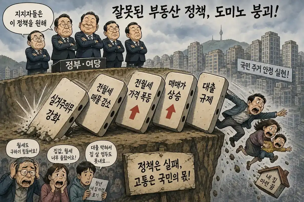 정부의 규제로 인해 오히려 집값이 오르고 서민들은 벼랑으로 내몰리는 현실을 표현한 시사툰