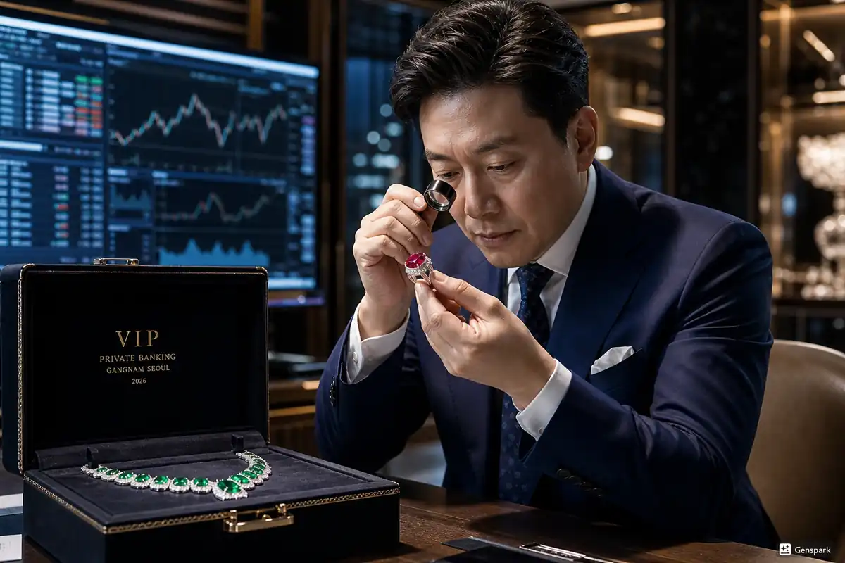 2026년 금값 대비 대체 자산으로 부상한 하이엔드 주얼리 브랜드의 루비와 에메랄드 보석 반지가 고급스러운 벨벳 함에 담겨 있는 모습