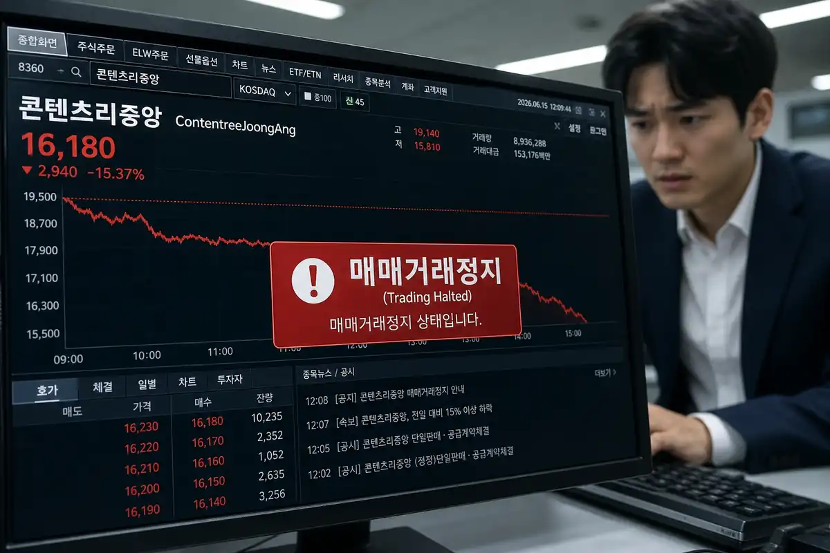 2026년 대한민국 서울의 증권가 객장 모니터에 코스피 상장사 콘텐트리중앙의 주식 매매 거래정지 공고와 붉은색 하락 그래프가 선명하게 표시되어 있는 모습