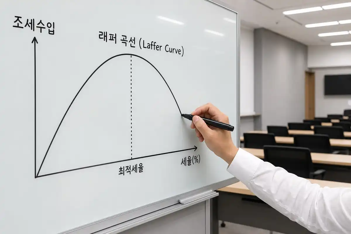 유리판 위에 마커로 래퍼곡선의 포물선 그래프와 세수 극대화 최적점 점선을 정교하게 그리며 설명하고 있는 경제학자의 손