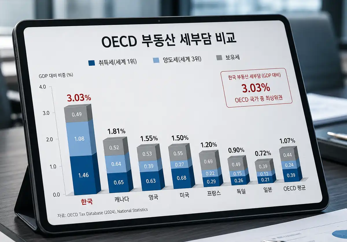 OECD 주요국의 GDP 대비 부동산 관련 세금 비중을 나타내는 막대그래프 통계 자료