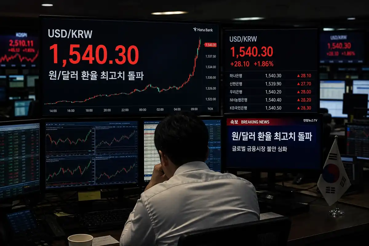 현대적인 서울 외환시장 딜링룸에서 모니터에 급등하는 원 달러 환율 전망 차트와 1540원대 숫자가 빨간색으로 깜빡이는 모습을 심각하게 바라보고 있는 외환 딜러의 뒷모습