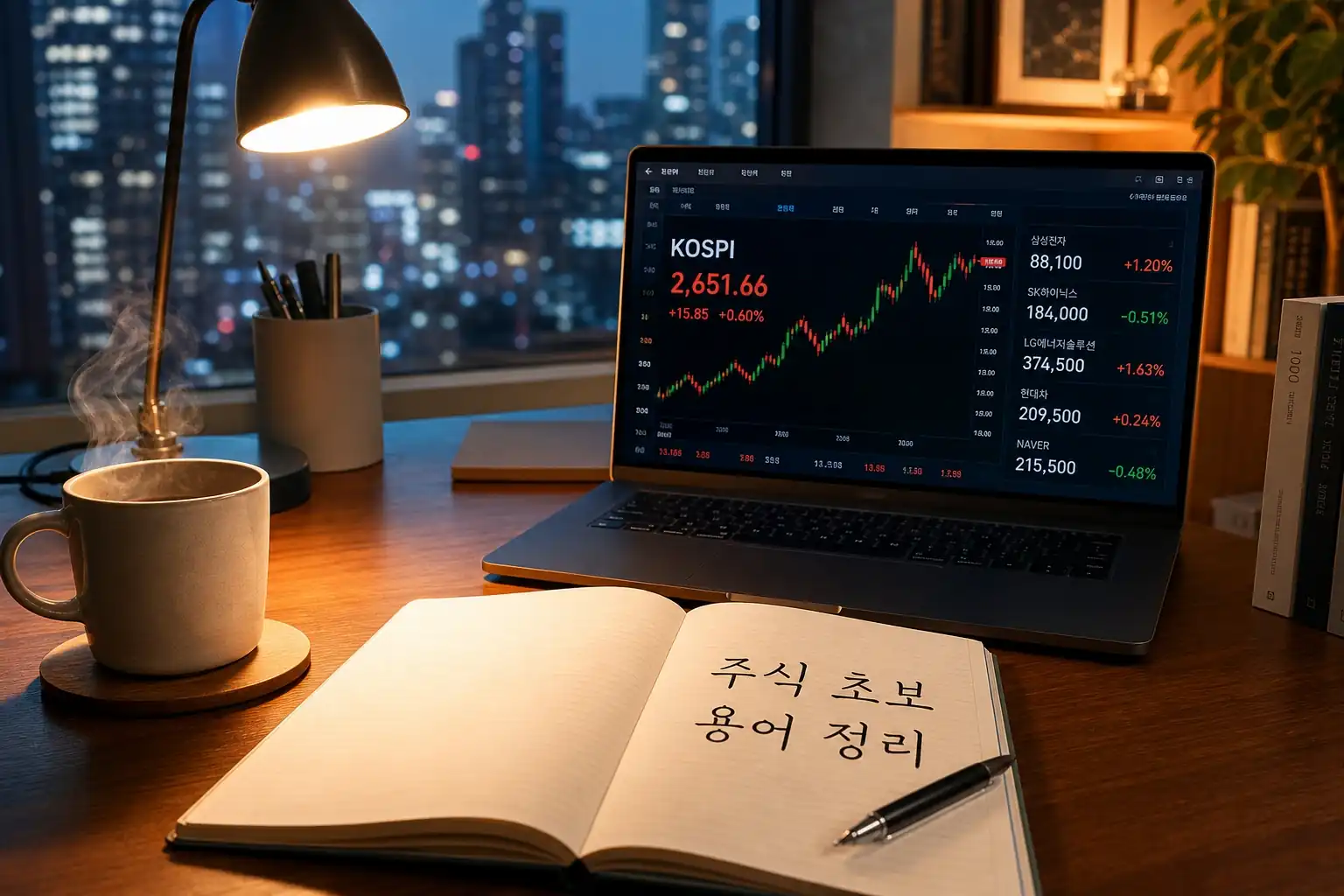 현대적인 서재 책상 위에 주식 초보 용어 정리 노트가 펼쳐져 있고 노트북 화면에는 국내 시가총액 상위 종목들의 주가 차트가 실시간으로 움직이는 모습